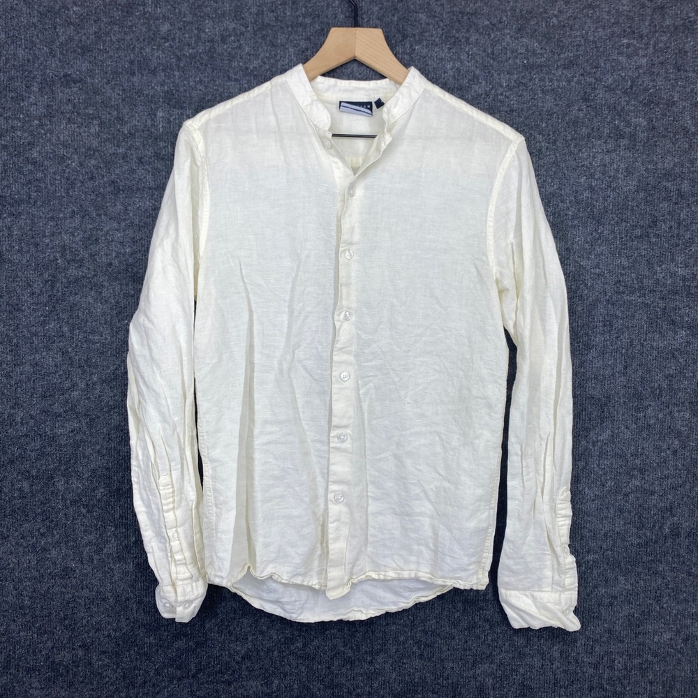 ASOS Design Mens XS Off White Linen Blend Grandad Collar Long Sleeve Shirt